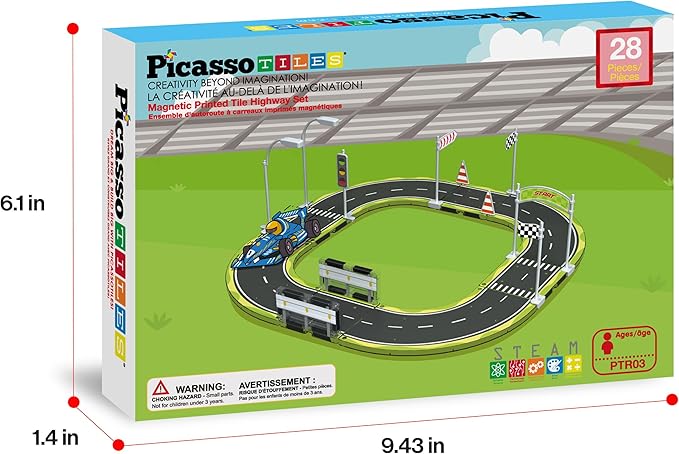 PicassoTiles Magnet Tile Building Block Construction Toy Set Street Sign Traffic Kit Highway Road Race Track with Bumper Barricade Accessory Sticker Education Magnetic Tiles Kids Age 3+ PTR03