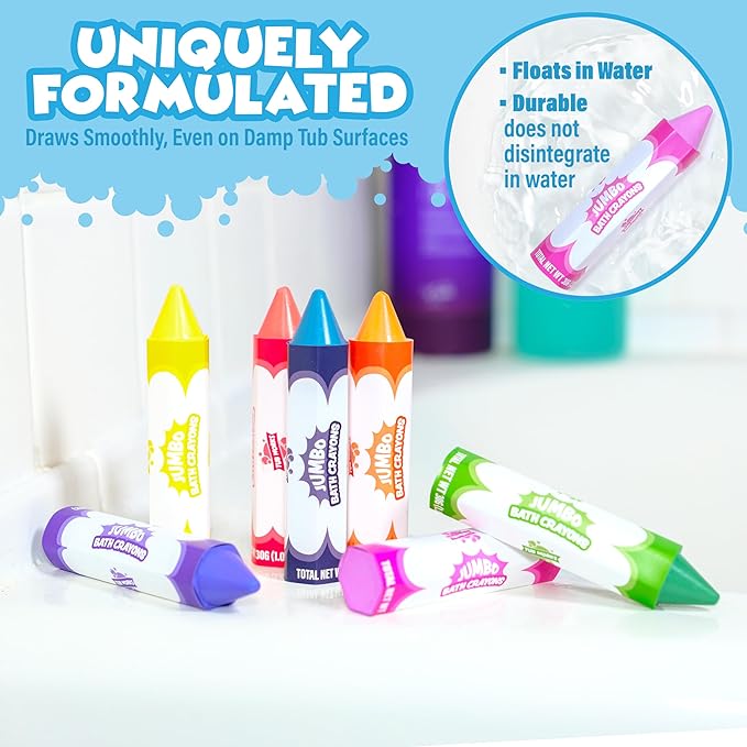 Tub Works® Smooth™ Jumbo Bath Crayons Bath Toy | Nontoxic, Washable Bath Crayons for Toddlers & Kids | Unique Formula Draws Smoothly & Vividly on Wet & Dry Tub Walls | Large, Easy-Grip Bathtub Crayons