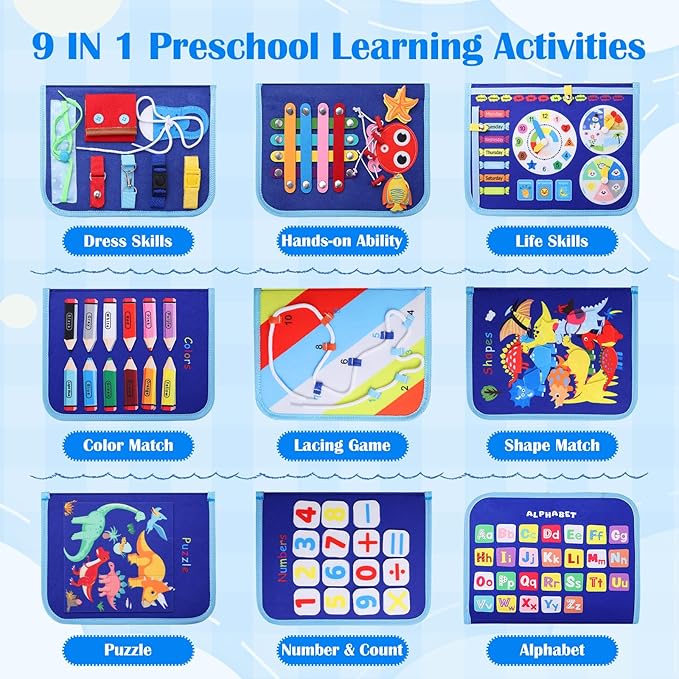 Busy Board, Montessori Toys for 1 2 3 4 Year Old Boy Birthday Gifts, Educational Sensory Toy for Learning Activities Fine Motor Skills, Road Trip Airplane Travel Toys for Toddlers Kids Age 1-3 2-4