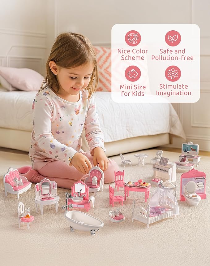 ROBUD Dollhouse Furniture, Pink Doll House Accessories and Furniture for Dining Room, Bathroom, Bedroomn,Living Room, Dollhouse Accessories Pretend Play Furniture Toys for Kids, WDHXX
