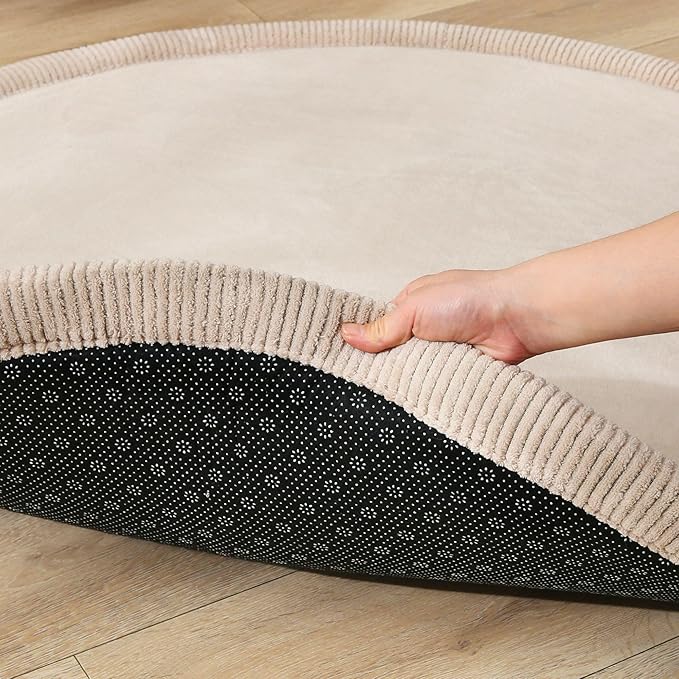 Hakuna Matte Coral Velvet Baby Play Mat Ø 47" Beige – High-Density Memory Foam Area Rug – Playmat for Floor with Non-Slip Backing for Crawling, Playing & Tummy Time