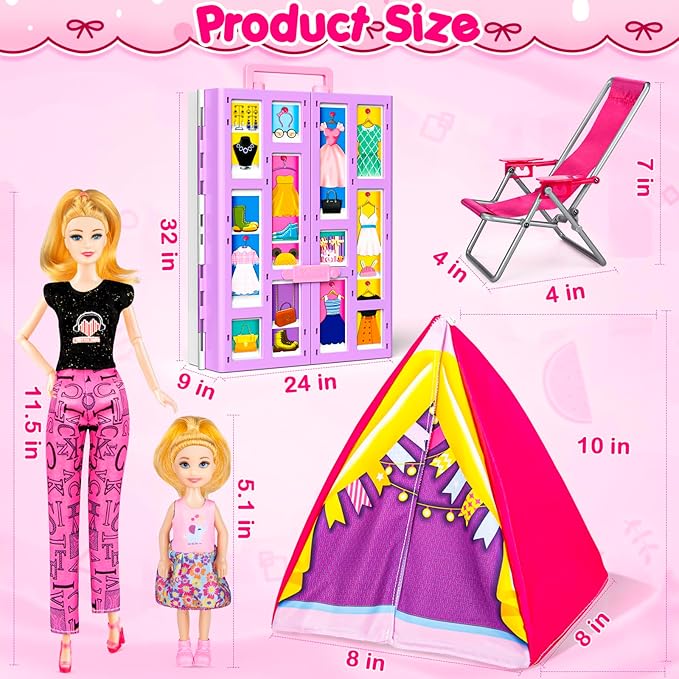 164 Pcs Doll Closet with 11.5 Inch Doll Clothes and Accessories Set, Camping Set, Princess Dresses, Camping Tent, Beach Swim Accessories Set, Diving Suit, Dress Up Toys for Girls Gift
