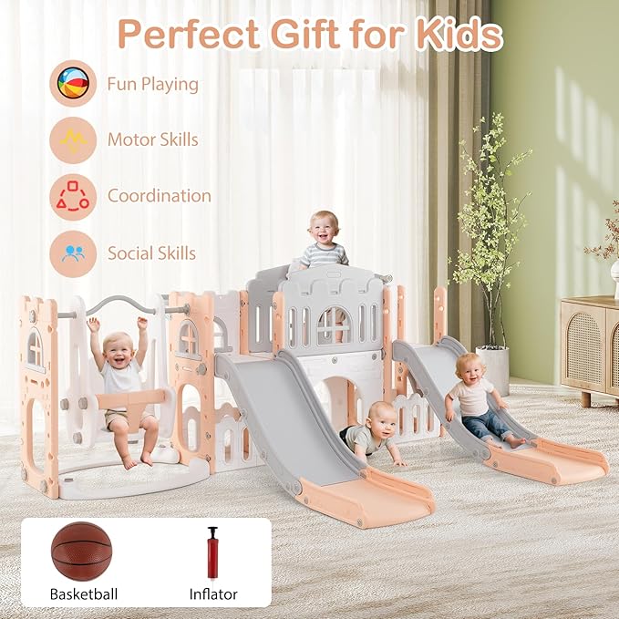 Costzon 10 in 1 Toddler Swing and Slide Set, Double Kids Slide and Climber Playset w/Aisle, Peek-a-Boo Window & Storage Space, Baby Indoor Playground for Aged 1+ (Pink-2 Slides,100" × 59" × 40")