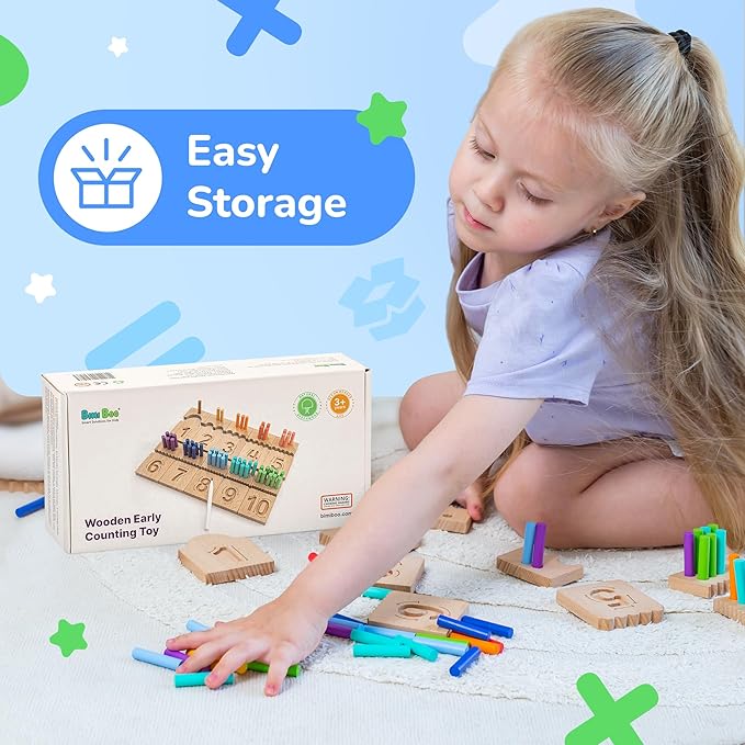 Bimi Boo Counting Peg Boards and Number Tracing for Kids - Wooden Montessori Arithmetic Math Toy Set for Toddlers and Preschoolers - Math Manipulatives for Kindergarten (55 Pegs, 10 Boards, 1 Pencil)