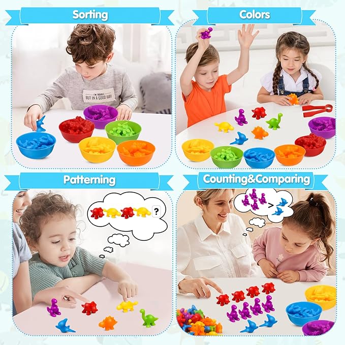 USATDD Counting Dinosaur Toys Matching Color Sorting Stacking Games with Bowls Preschool Learning Activities for Educational Sensory Montessori STEM Toy Sets Gift for Toddlers Kids Boys Girls Aged 3+