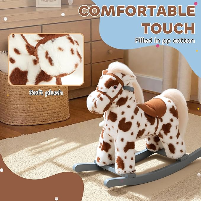 Qaba Rocking Horse, Kids Plush Animal Rocker with Realistic Neighing Sound for Toddlers 2–5 Years Old, Soft Filling Ride on Horse with Rabbit Toy, Brown