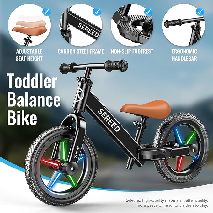 SEREED Toddler Balance Bike 2 Year Old, No Pedal Kids Bicycle Toys for 2-5 Years Old, Tool-Free Adjustment, Customize Plate with Stickers, Gift for 2-3 Boys Girls (Black Lighting)