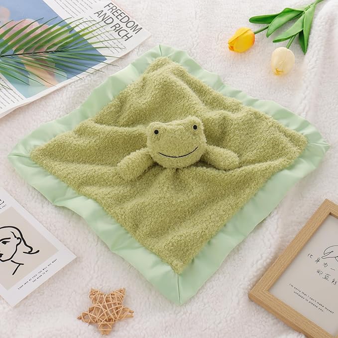 Apricot Lamb Luxury Snuggle Plush Cute Green Frog Infant Stuffed Animals Security Blanket Nursery Character Blanket (Green Frog, 14 Inches)