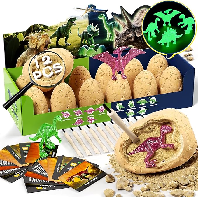 12 Glow in The Dark Dinosaur Eggs, Dig Kit Toys for Kids, Surprise Dinosaur Eggs Excavation Kit with Magnifier, STEM Birthday Party Favor Gifts for Boys Girls Age 3 4 5 6 7 8 9 10 + Years Old