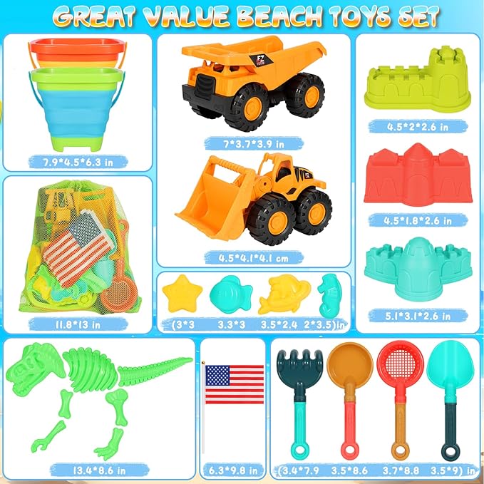 Beach Sand Toys for Kids, 29PCS Sandbox Toys with 2 Collapsible Bucket Sand, 2 Dump Truck, Dinosaur Molds, Castle Building Kit, Shovel Sieve,Flags,Mesh Bag Travel Beach Toys for Toddler 3-10