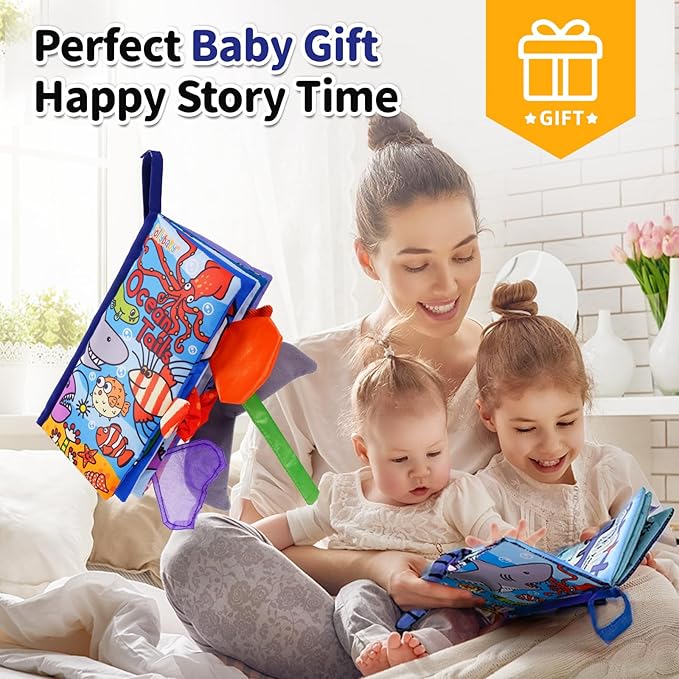 Jollybaby Baby Cloth Books, Touch & Feel Crinkle Soft Books, for Infants Babies, Toddler Early Educational Interactive Stroller Toys, Baby Girl & Boy Gift(Ocean Tails)
