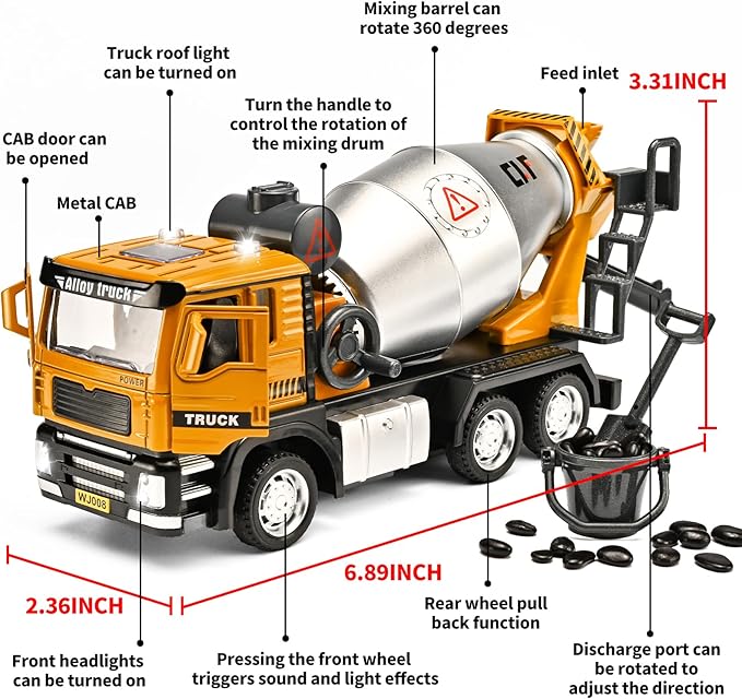 Cement Mixer Truck Toys for Boys,Cement Mixer Toy Truck Metal Diecast Cab,Pull Back Mixer Trucks Construction Trucks with Lights and Sounds,Cement Truck Toys for Boys 3-5 Year Old