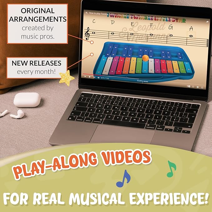 Leopold & Marianne | Xylophone for Kids Ages 5-9 | Kids Musical Instrument | Glockenspiel 25 Notes Chromatic | Color Metal Keys | Music Book Included, Play-Along Videos, Blue Carry Plastic Case