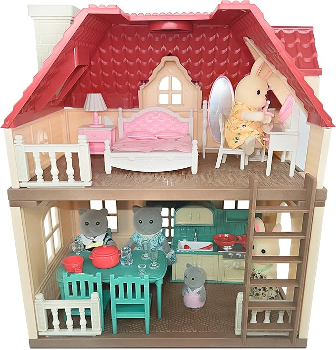 Family Cottage Doll House — 2-Story Country Cottage with Dining Set & Bunny Figure, Complete Dollhouse Playset for Creative Pretend Play, Gift for Kids Ages 3+