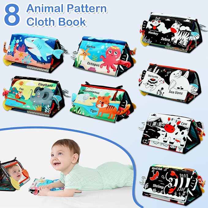 Baby Mirror Toys 0-6 Months - Tummy Time Toys 0-3 3-6 Months with Crinkle Cloth Books, High Contrast Newborn Sensory Toy for Babies 0 3 6 9 12 Months, Infant Toys Montessori for Boys Girls Baby Gifts