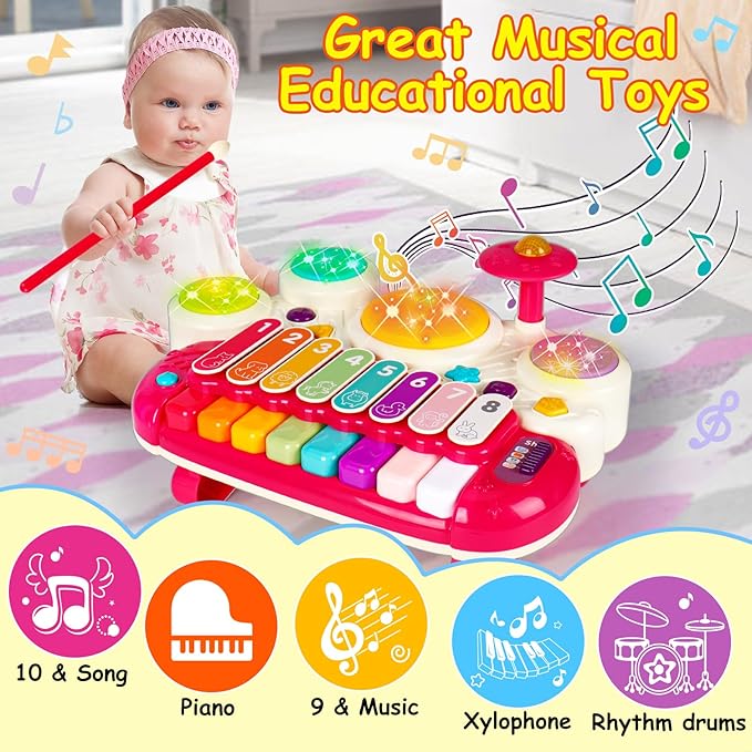 AugToy 3 in 1 Musical Toys for Toddlers 1-3 Piano Xylophone Drum Set Toys for 1 2 3 Year Old Girls Birthday Music Instruments Baby Learning Developmental Sensory Toys Toddler Toys Age 1-2 2-3