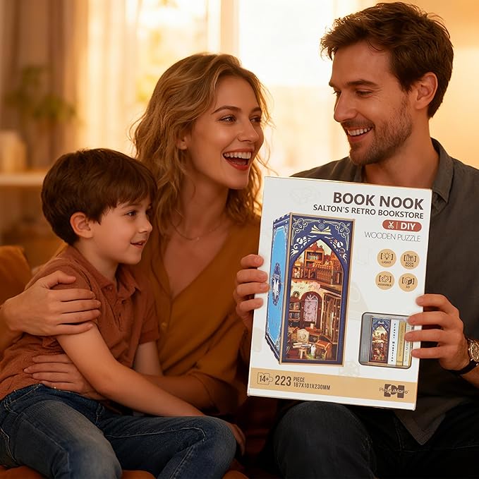 Book Nook Kit - DIY Miniature House Kit for Adults, Dollhouse Booknook Tiny House Bookshelf Decor 3D Wooden Puzzle Street Model, Ideal Gift for Book Lovers, Family, Friends (Salton's Retro Bookstore)