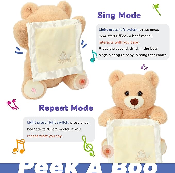 Hopearl Peek A Boo Bear with Security Blanket Interactive Repeats What You Say Plush Teddy Bear Toy Musical Singing Talking Stuffed Animal Adorable Electric Animate Birthday Festival, Beige, 11''