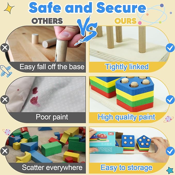 Shape Puzzles Wooden Color Sorting Toys for Toddlers 1 2 3 4 Year Old Matching Shape Sorters Toy Wooden Blocks Learning Educational Toys for Boys Girls Classroom Birthday Easter Gifts