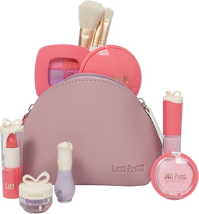 Litti Pritti Toddler Makeup Kit - Pretend Make up 11-Piece Play Makeup Set for Little Girls Age 3 and Up - Kids Cosmetic Bag Includes Brushes, Lipstick, Nail Polish - Pretend Play Toddler Girl Toys