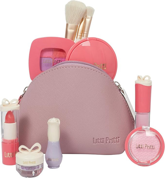 Litti Pritti Toddler Makeup Kit - Pretend Make up 11-Piece Play Makeup Set for Little Girls Age 3 and Up - Kids Cosmetic Bag Includes Brushes, Lipstick, Nail Polish - Pretend Play Toddler Girl Toys