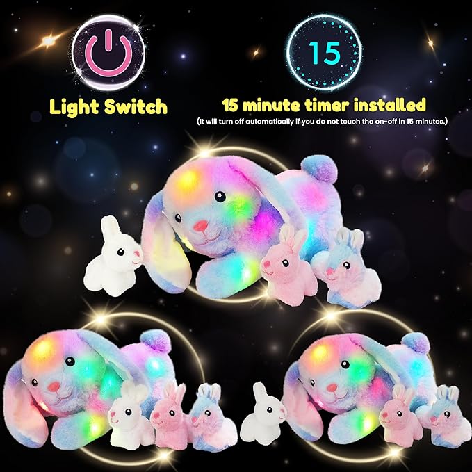 Hopearl LED Stuffed Rabbit Lighting Up Bunny Plush Toy Playset Mommy with 3 Babies in her Tummy Lullaby Animated Soothe for Mom Kids Toddler Girls, Rainbow, 12''