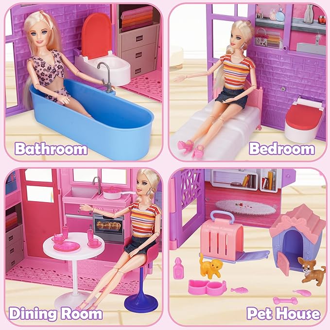 BETTINA Foldable Doll House for 12'' Dolls, 2-Story Dollhouse W/ Loft,Pets Rooms, 40+ Pcs Dollhouse Furnitures & Accessories, Space Saving Playhouse Birthday Xmas Toys Gifts for Girls 3 4 5 6 7 8+