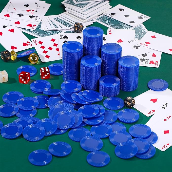 Leitee 500 Pcs Blue Plastic Poker Chips Bulk 1.5 Inch Mini Bingo Chips Tokens Markers Blank Casino Counting Discs Learning Math Counters for Adults Interlocking Game Counting Reward Card