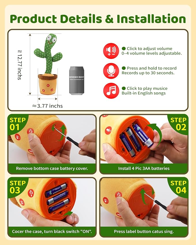 Dancing Talking Cactus Baby Toy, Mimicking & Repeating with Singing, Dancing and Recording, Volume Adjustable, Stocking Stuffers for Infants Toddlers Boys and Girls