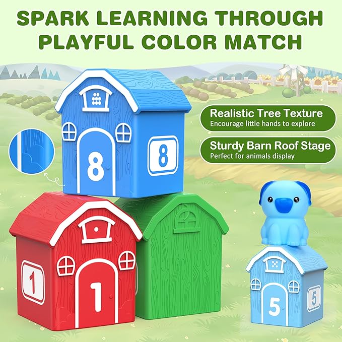 Montessori Toys for Toddlers 1 2 3 Years Old, Farm Animal Train Set with Counting Matching Sorting Activities 9 Barns, 10 Finger Puppets, 2 Stickers-Learning Toys for Baby Boys Girls, Preschool Gift