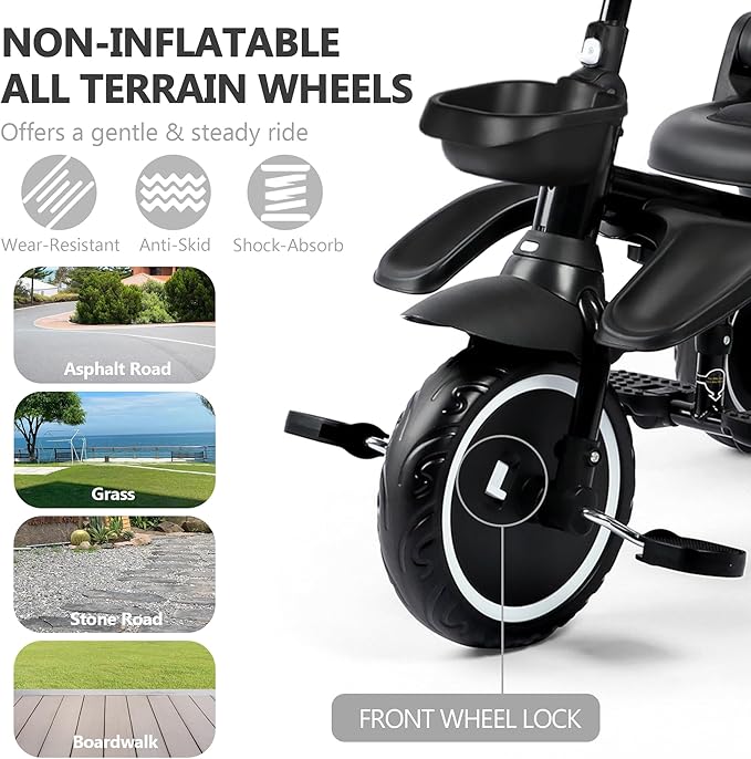 Kinder King Kids Tricycle, 8 in 1 Folding Toddler Trike w/Adjustable Push Handle, Rotatable Seat, Adjustable Canopy, Bell, Five-Point Harness, Storage, Toddler Stroller Bike for Age 6 Months+, Black