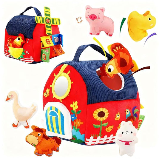 Baby Toys 6-12 Months Montessori Sensory Toy Barn with Stuffed Farm Animals, Rattle, Crinkle for Infants. Portable Learning Gift for 6 Month Old, 1-3 Year Old Toddlers, Christmas Stocking Stuffers