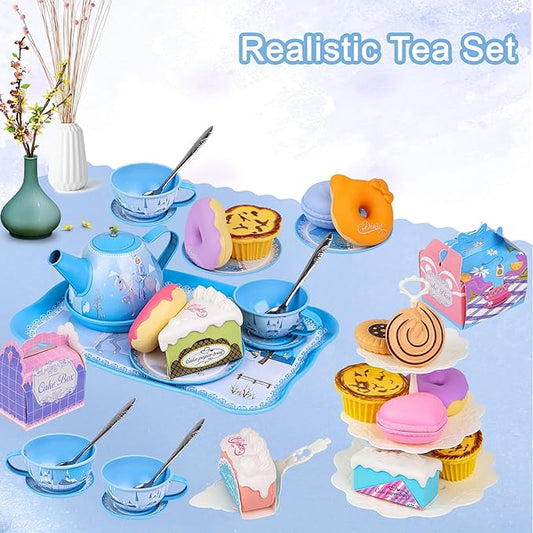 PRE-WORLD Tea Party Set for Little Girls, 46Pcs Princess Tea Time Toy Including Dessert,Cookies,Doughnut,Teapot Tray Cake,Tablecloth,Gloves & Carrying Case,Kitchen Pretend Play for Girls Boys Age 3-6