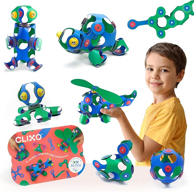 Clixo Crew 30 Piece Pack - The Flexible, Durable, Imagination-Boosting Magnetic Building Toy - Modern, Modular Designs for Hours of STEM Play. A Multi-Sensory Magnet Toy Experience Anywhere! Ages 4-99
