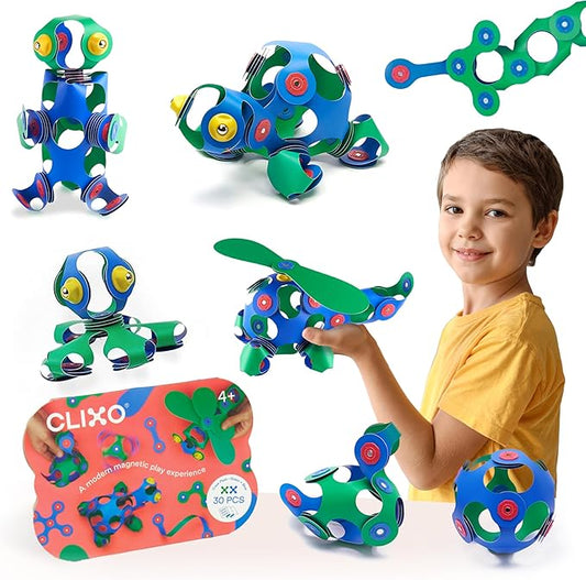 Clixo Crew 30 Piece Pack - The Flexible, Durable, Imagination-Boosting Magnetic Building Toy - Modern, Modular Designs for Hours of STEM Play. A Multi-Sensory Magnet Toy Experience Anywhere! Ages 4-99