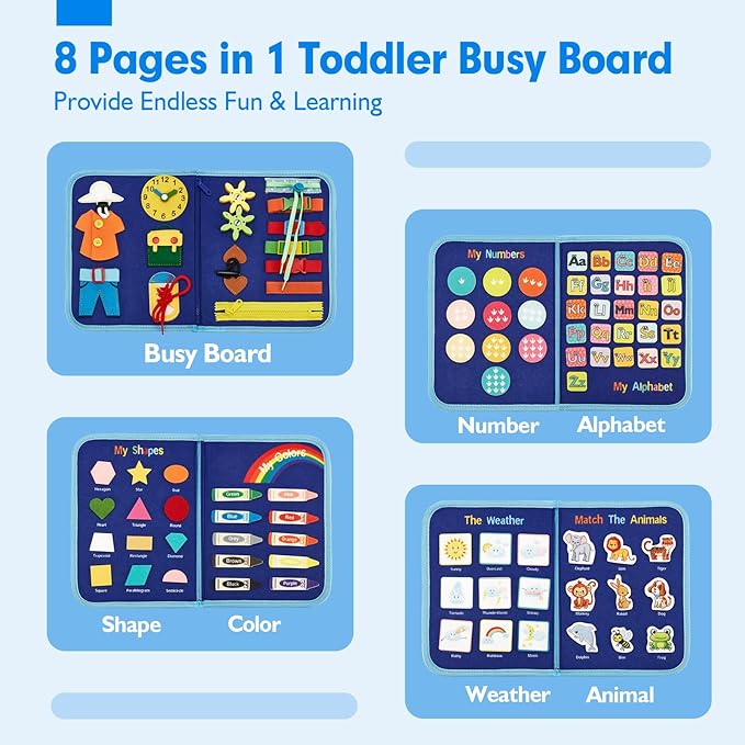 hahaland Busy Board for Toddlers - Montessori Toys Preschool Learning Activities with Life Skills, Alphabet, Number, Shape, Color, Animal, Weather - Toddler Boy Learning Educational Toys, Travel Toys