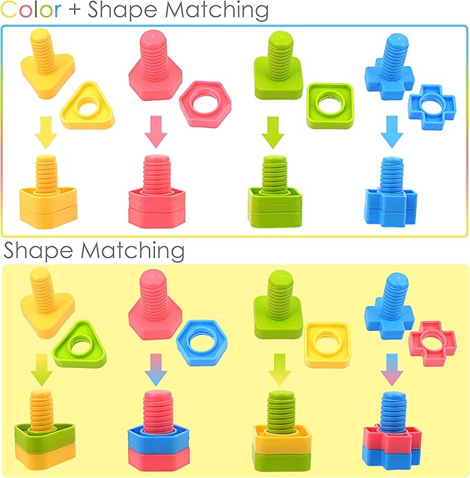 TOMYOU 32 pcs Shapes Nuts and Bolts Stacking Toys - STEM Color Sorting Learning Games - Montessori Building Kids Matching Game for Preschoolers - Construction Fine Motor Skills for Kids