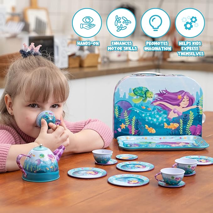 JOYIN Mermaid Tea Party Set for Little Girls, Pretend Tin Teapot Set, Princess Tea Time Play Kitchen Toy with Teapot, Cups, Plates, Carrying Case for Christmas Birthday Gifts Kids Toddlers Age 3 4 5 6