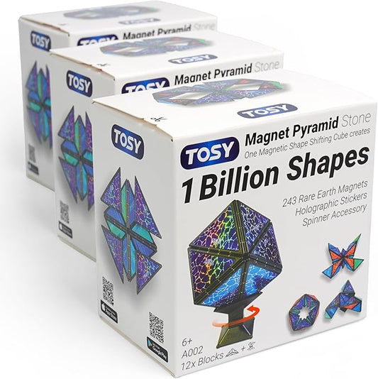 TOSY Magnet Pyramid Stone - 1 Cube Transforms into 1 Billion Shapes, 14 pcs (12 Puzzle pcs and 2 Spinners), 243 Magnets, Christmas Stocking Stuffers Gift for Kids, Creative Puzzle STEM Toy, 3-Pack