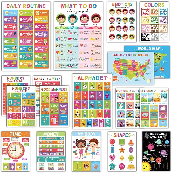 18 Educational Posters for Toddlers 1-3, Learning Posters for Kids Ages 3-5, ABC Poster Alphabet Poster for Preschoolers, Kindergarten Preschool Posters for Wall, Homeschool PreK Classroom Must Haves