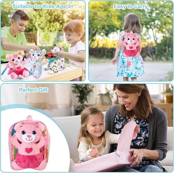 Coloring Plush Toy with 5 Washable Markers for Little Girls Doodle Dolls for Kids Ages 4-6 Birthday (Pink Bear)