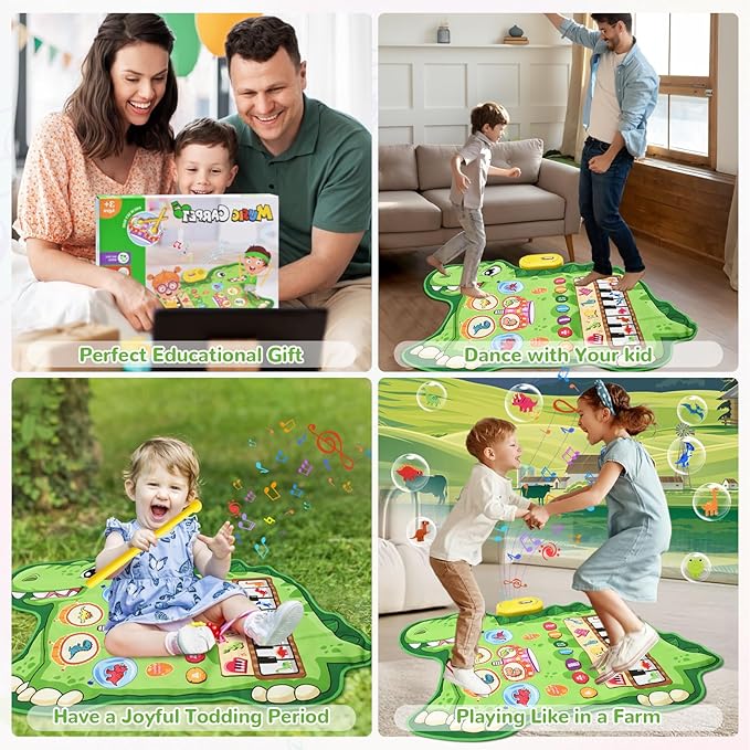 Cyiecw 3-in-1 Dinosaur Musical Mat, Piano Drum Play Mat Gifts for 1 2 3 Year Old Girls, Sensory Early Educational Musical Learning Toys for Baby Boys, Birthday Gift for Toddlers 1-5 Years Old