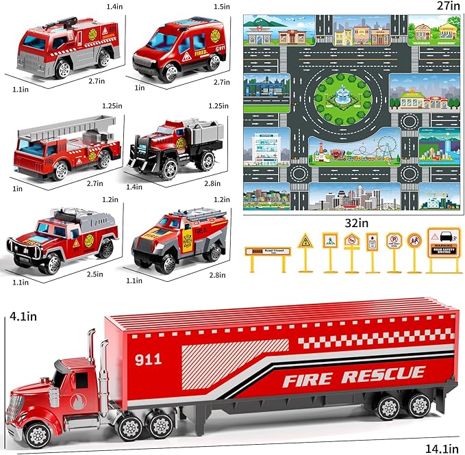 Fire Toys for 3 4 5 6 Years Old Boys Girls Kids, Die Cast Metal Fire Truck Toys W/Play Mat, Rescue Emergency Fire Truck Car Toy, Toddler Car Toy Christmas Birthday Gifts for Boys