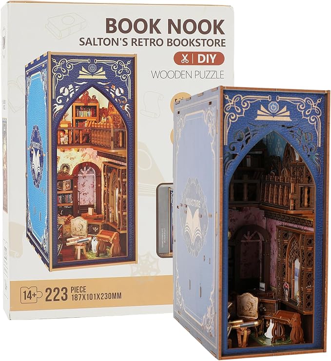 Book Nook Kit - DIY Miniature House Kit for Adults, Dollhouse Booknook Tiny House Bookshelf Decor 3D Wooden Puzzle Street Model, Ideal Gift for Book Lovers, Family, Friends (Salton's Retro Bookstore)