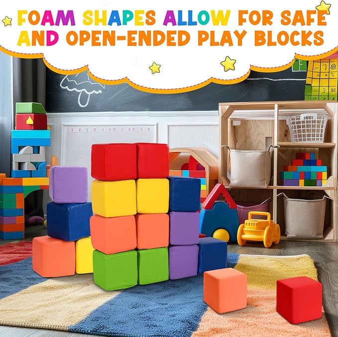Civaner 12 Pcs Foam Building Blocks for Kids 5.51 Inch Colorful PU Leather Foam Counting Cubes Stacking Block Sets Building Throwing Toys for Toddler Math Preschool Learning Birthday Gift