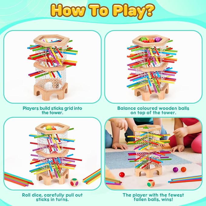 Montessori Wooden Board Game, 42 Colorful Sticks Dice Games for Kids 3 4 5 6 Years, Math Learning Toys Fine Motor Skills & Counting Educational Toy, Family Travel Game Birthday Gifts for Boys Girls