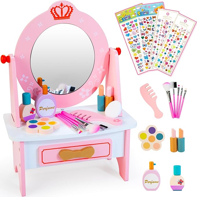 Wooden Vanity Set for Kids, Pretend Play Toddler Makeup Vanity with Acrylic Mirror, Beauty Salon Play Set for Little Girls Age 3+, Toys Gifts Includes Makeup Accessories and Bonus Stickers