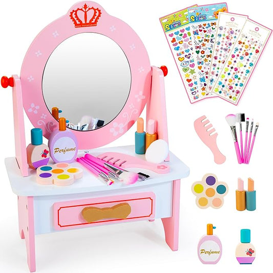Wooden Vanity Set for Kids, Pretend Play Toddler Makeup Vanity with Acrylic Mirror, Beauty Salon Play Set for Little Girls Age 3+, Toys Gifts Includes Makeup Accessories and Bonus Stickers