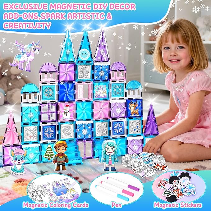 Princess Castle Magnetic Tiles 112PCS with 4 Dolls 2 Stairs & Magnetic Art Decors Kit, Diamond Blocks Magnet Tiles for Kids 3-5 4-8-12, Magnet STEM Princess Toys for 3 4 5 6 7 8+ Girls Kids Xmas Gifts