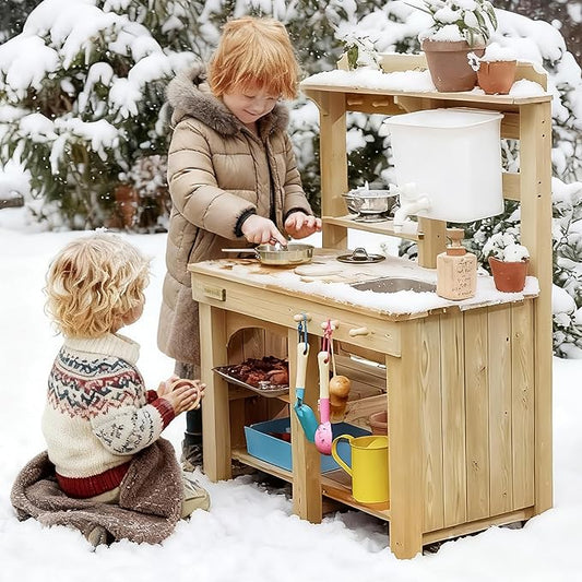 Tiny Land Outdoor Mud Kitchen for Kids, Wooden Play Kitchen with Water Tank, Water & Cooking Play, Sensory Fun, Weather-Resistant with Storage, Ideal for Toddlers Ages 3+